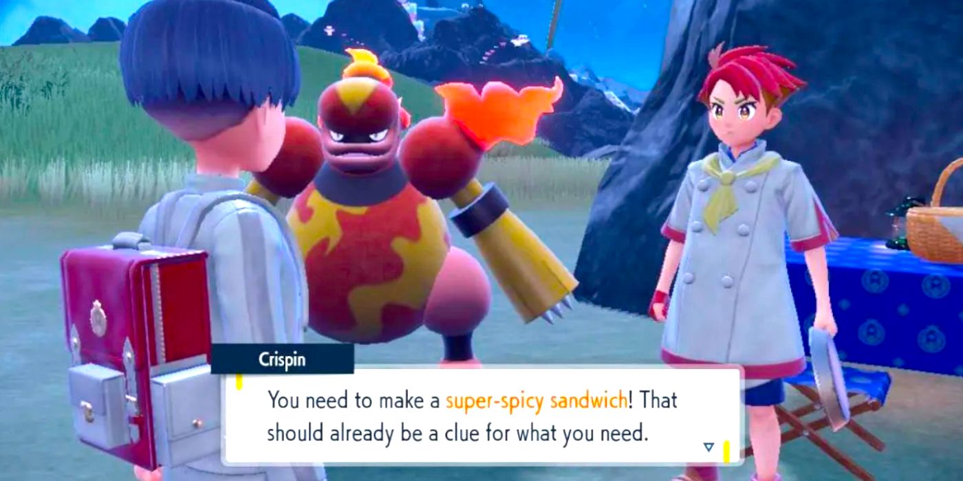 Crispin asking a player trainer to make a Super-Spicy Sandwich in Pokémon Scarlet & Violet Indigo Disk DLC