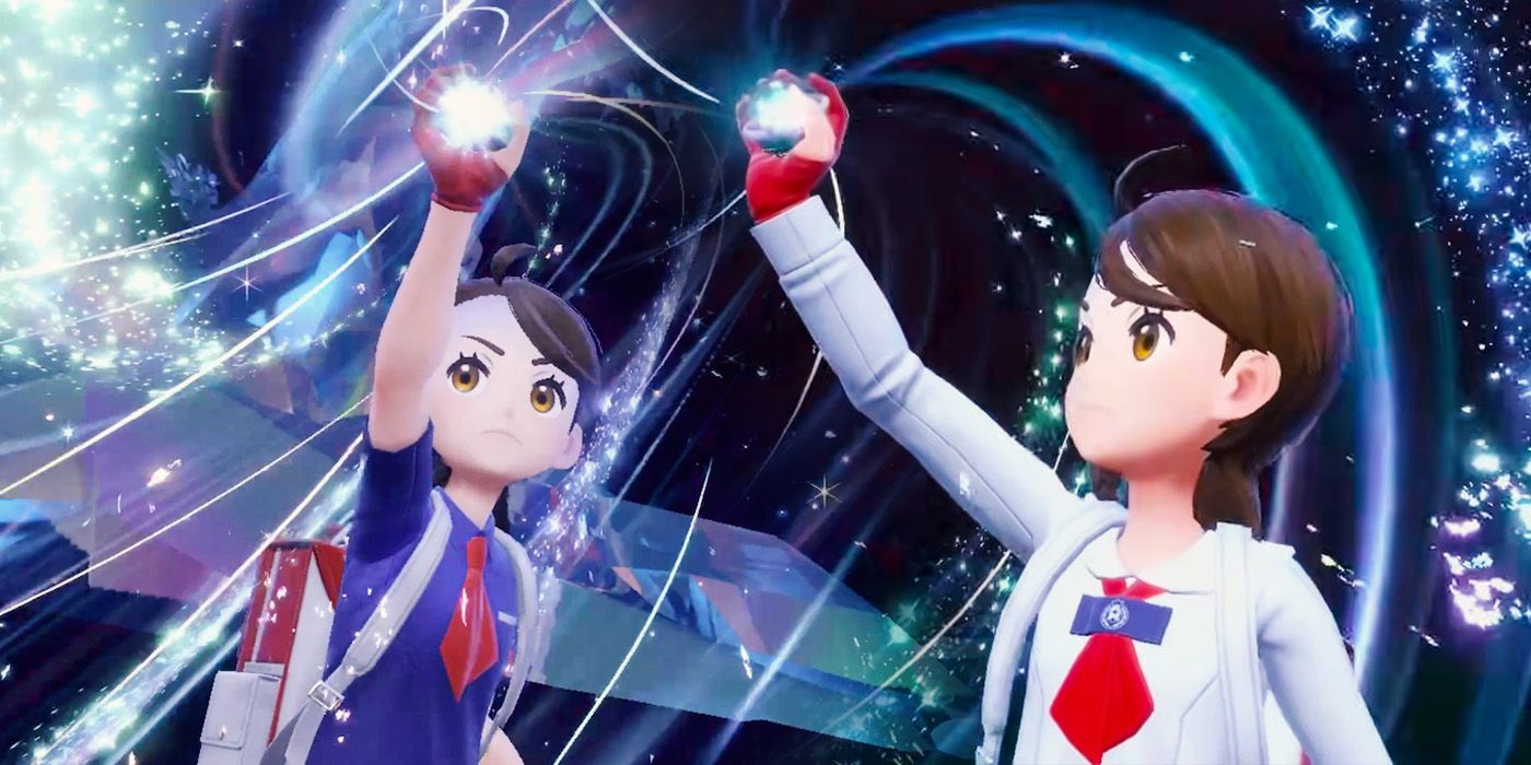 Two female Blueberry Academy students raise their Pokéballs high as silver and blue energy swirls around them.