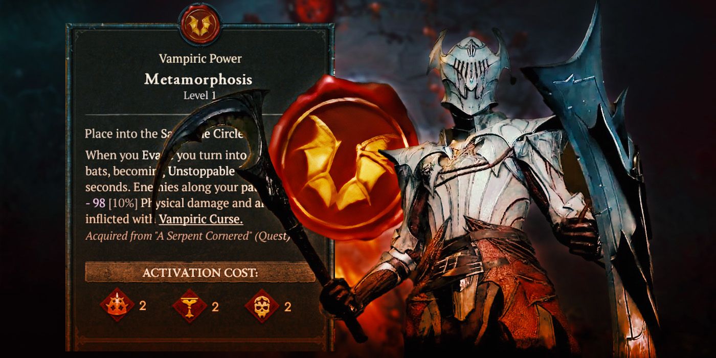 Personaje nigromante de Diablo 4 con poder vampírico de metamorfosis desbloqueado
