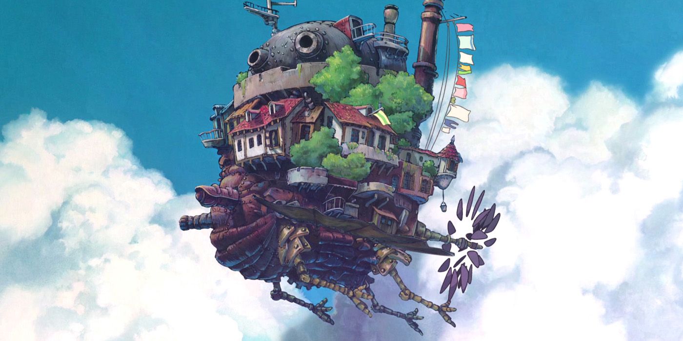 Howl's Moving Castle flies through the clouds.
