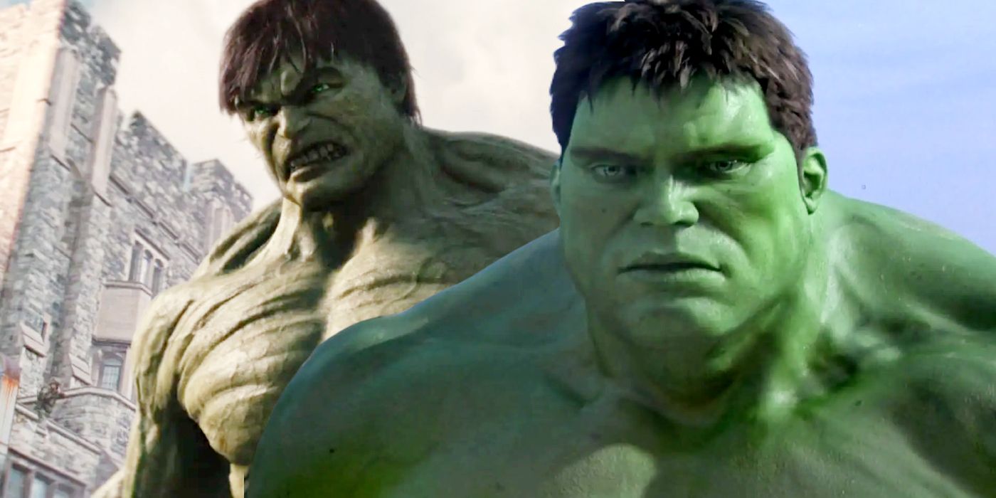 2003's Hulk (Eric Bana) looking calm with 2008's Incredible Hulk (Edward Norton) looking angry.