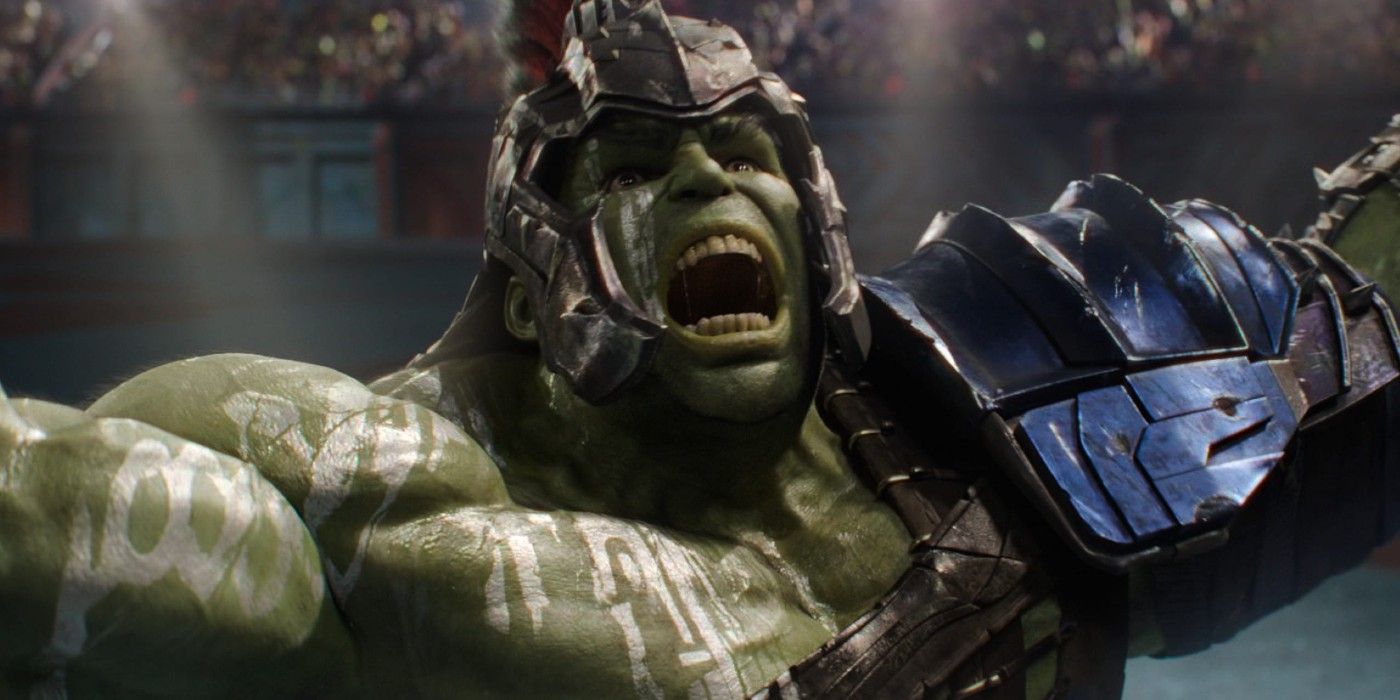 Hulk holds up his arms in celebration while wearing gladiator gear in Thor Ragnarok