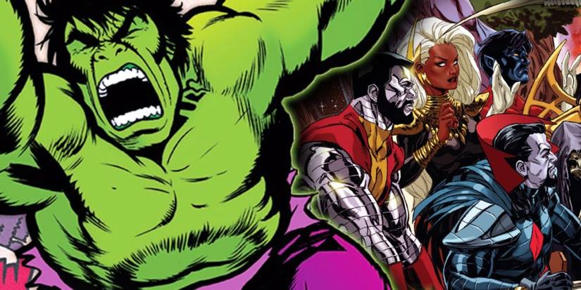 The Hulk screaming with the X-Men behind him. 