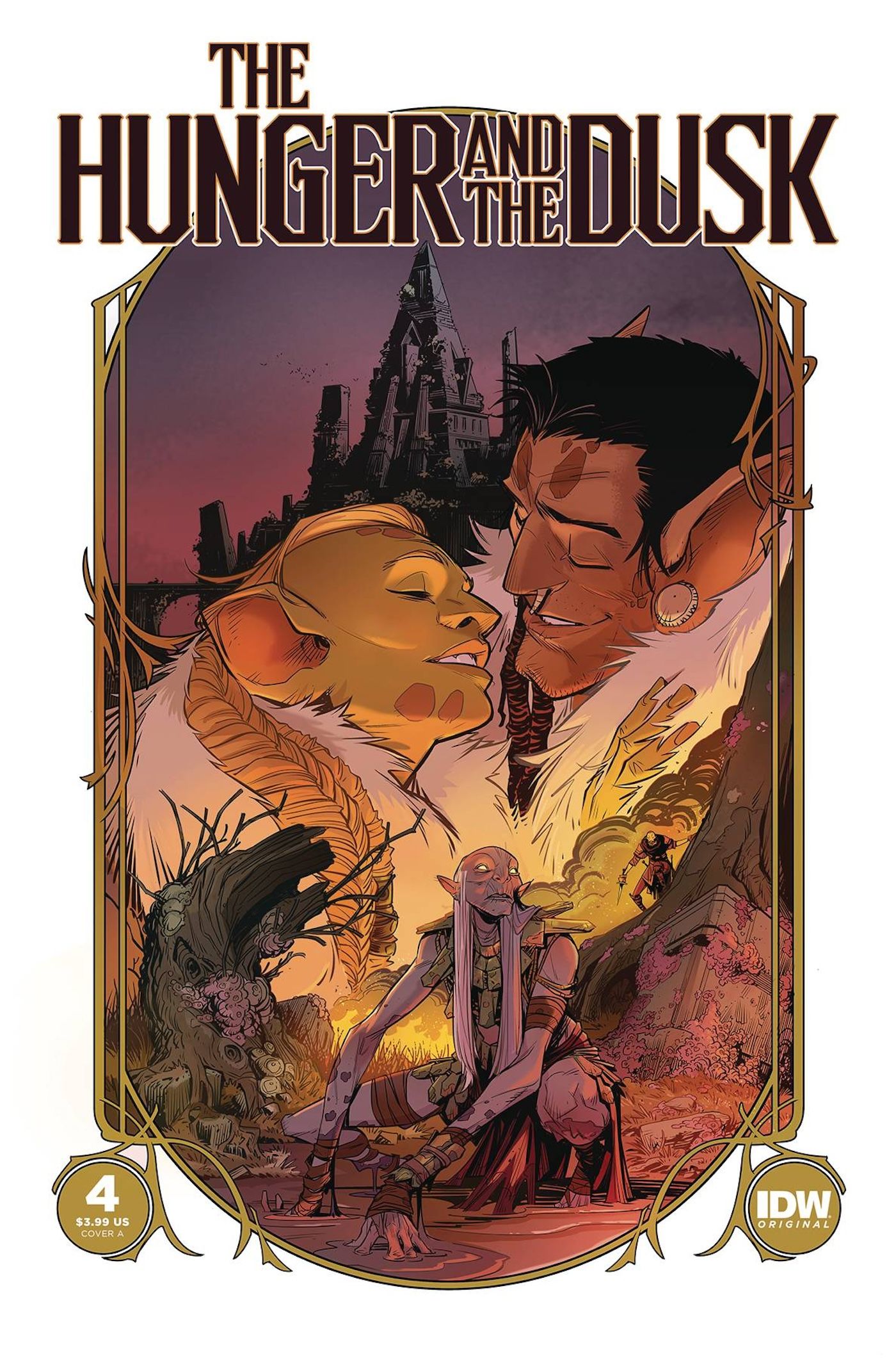 Hunger and the Dusk 4 Main Cover: A movie poser-like image featuring an orc couple about to kiss while a thin monster crouches in the foreground.