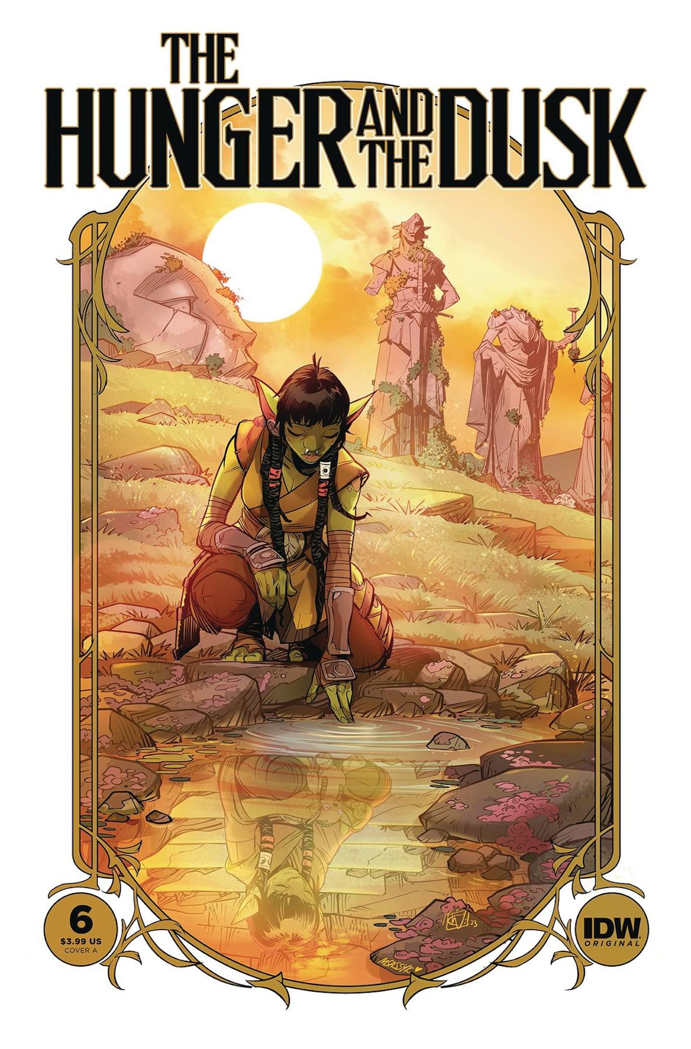 Hunger and the Dusk 6 Main Cover: An orc woman crouches in front of a small pond.