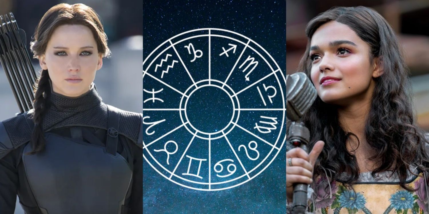 A side by side image features Jennifer Lawrence as Katniss Everdeen with arrows on her back and Rachel Zegler as Lucy Gray Baird with a microphone in the Hunger Games franchise on either side of a zodiac wheel