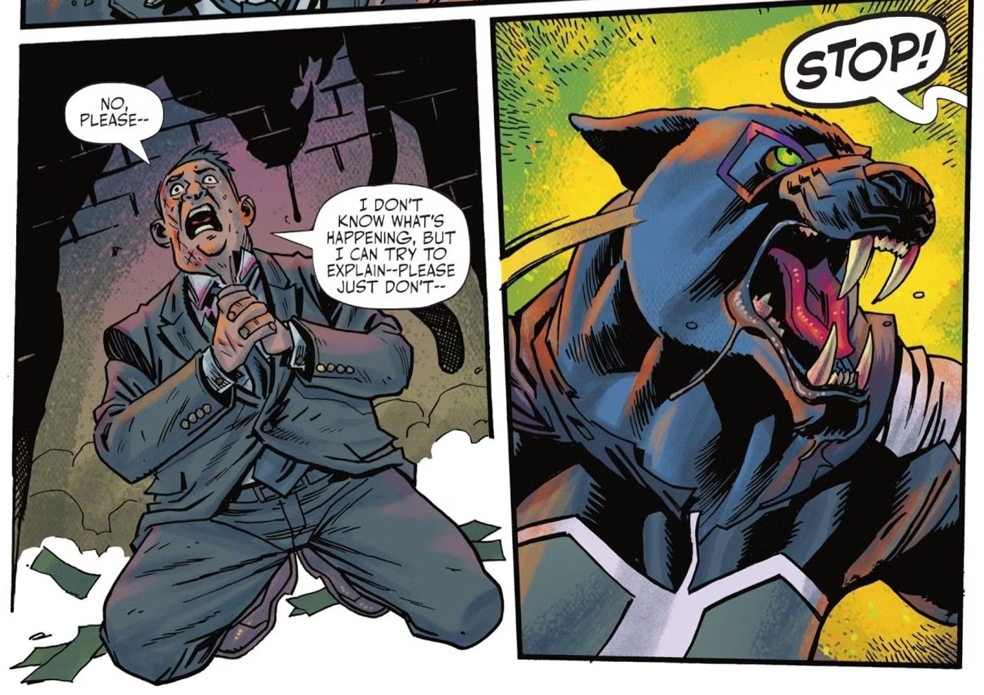 Comic book panels: a man in a suit pleads with a panther in a superhero costume.