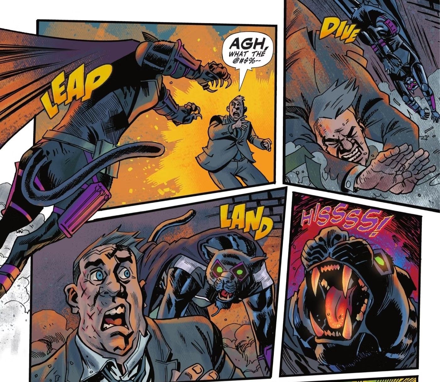 Comic book panels: a were-panther in a superhero costume attacks a man in a suit.