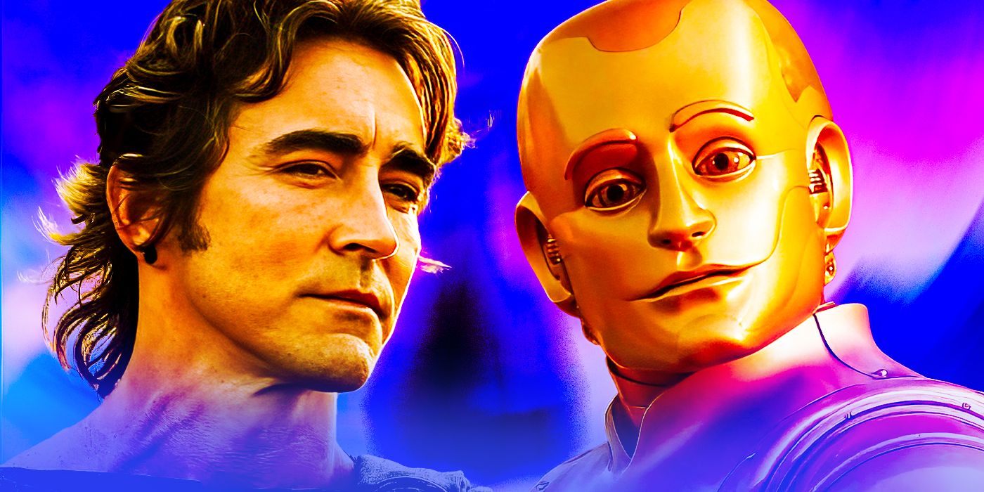 Lee Pace as Brother Day from Foundation and a golden robot in Bicentennial Man