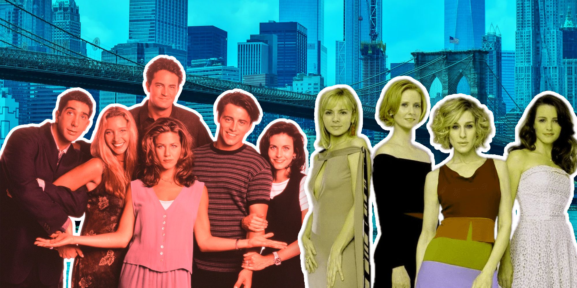 The cast of Friends next to the cast of Sex and the City in front of the New York skyline 
