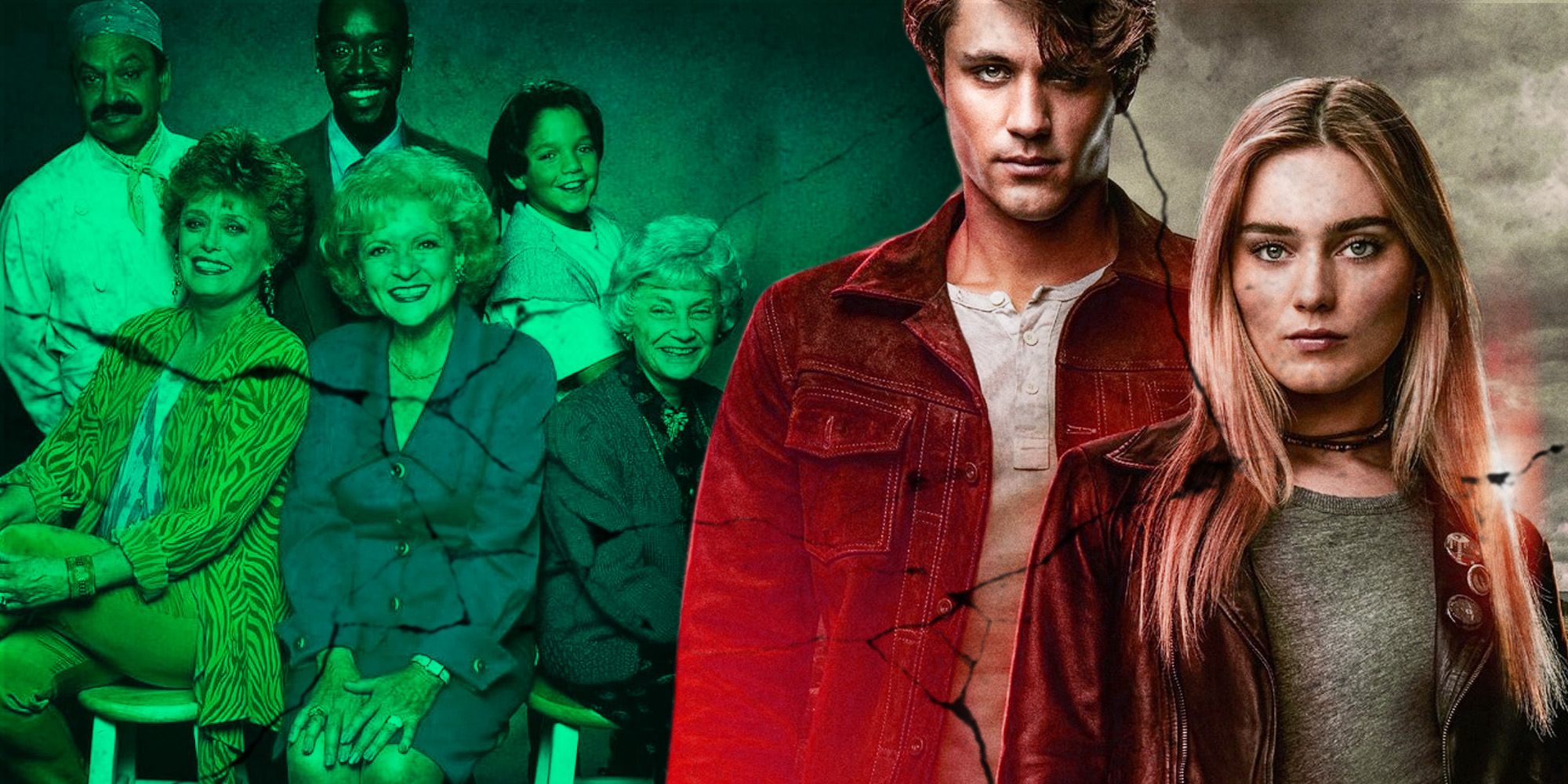 Images of John and Mary from The Winchesters with a green tinted mage of the cast of The Golden Palace in the background. Cracks and tears like in an old photo over the entire image.