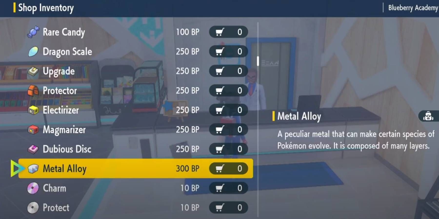 Pokémon Scarlet & Violet The Indigo Disk DLC Buying Metal Alloy Item for BP to Evolve Duraludon into Archaludon