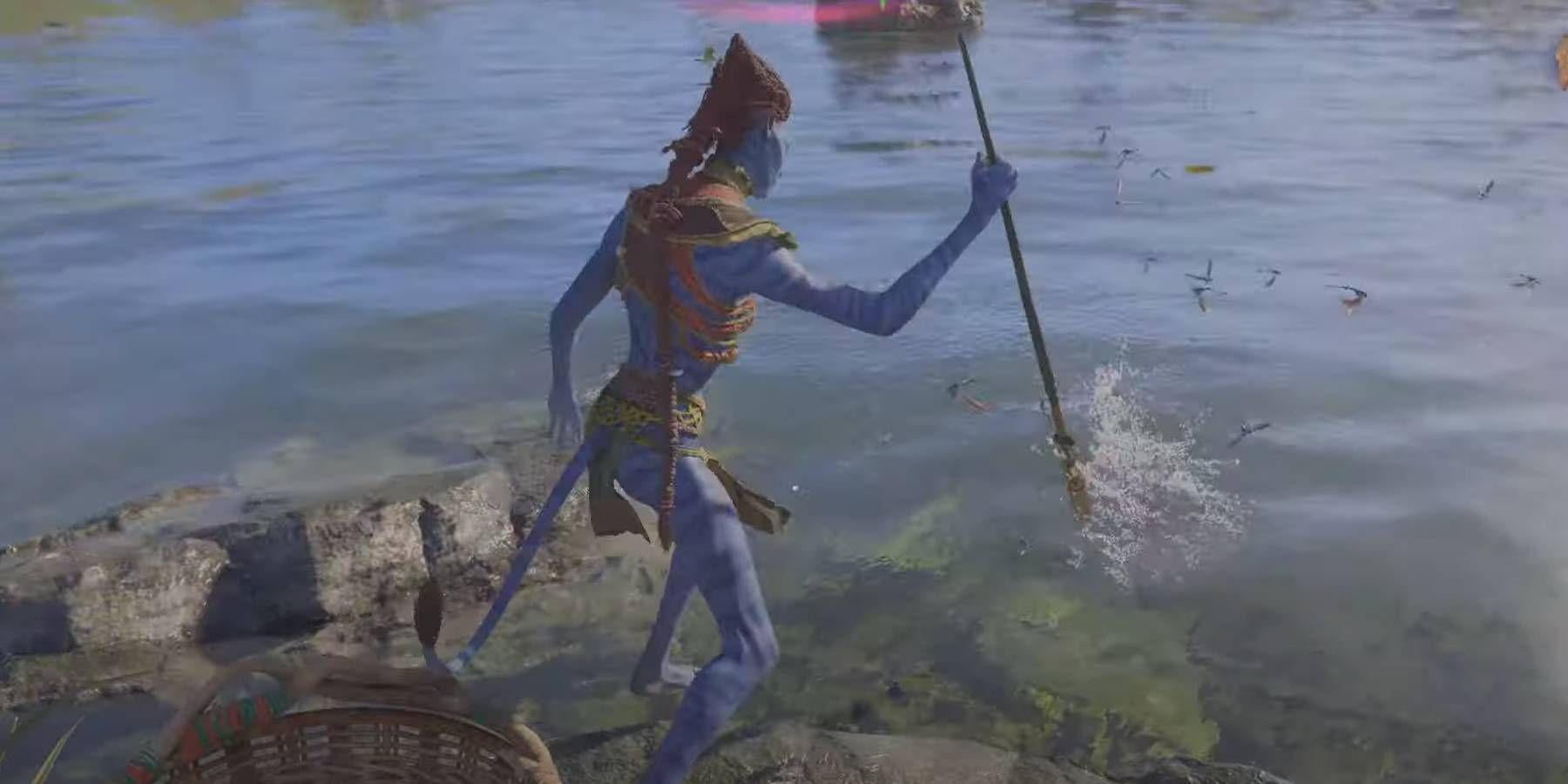 Avatar: Frontiers of Pandora Na'vi Character Fishing with Spear in Water for Food Supplies