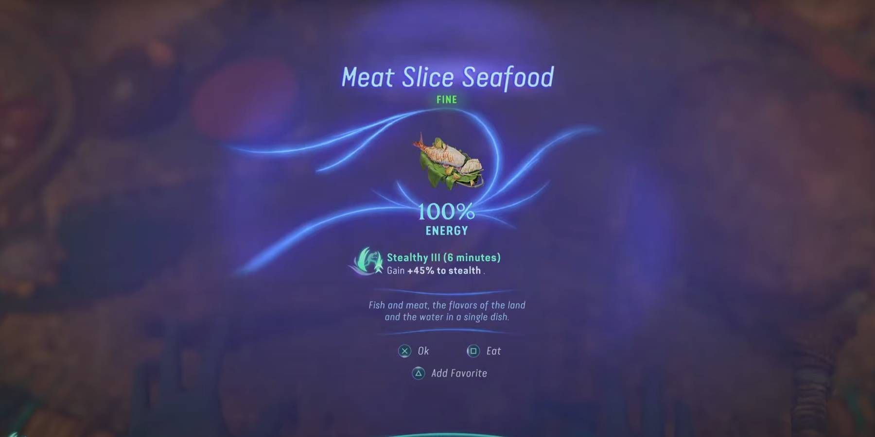 Avatar: Frontiers of Pandora Meat Slice Seafood Item that Gives Stealthy III Buff with Explanation of Ability