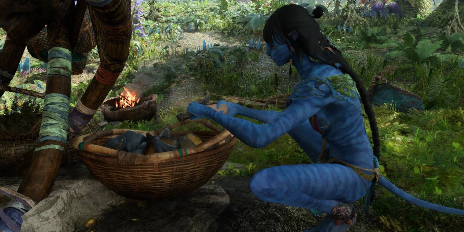Avatar: Frontiers of Pandora Na'vi Making Food with Different Ingredients Near a Fire 