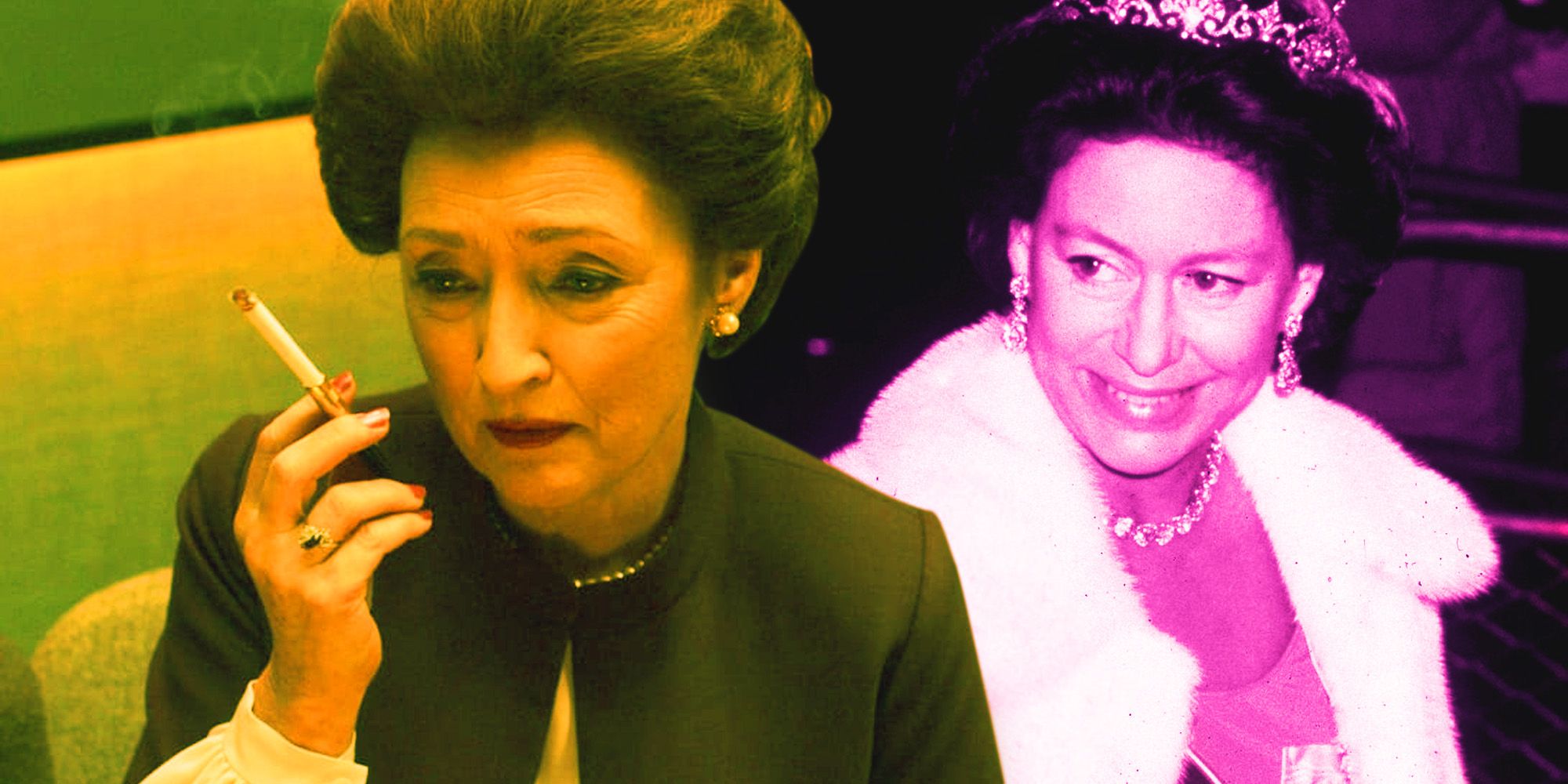 Lesley Manville as Princess Margaret in The Crown and Princess Margaret in real life.