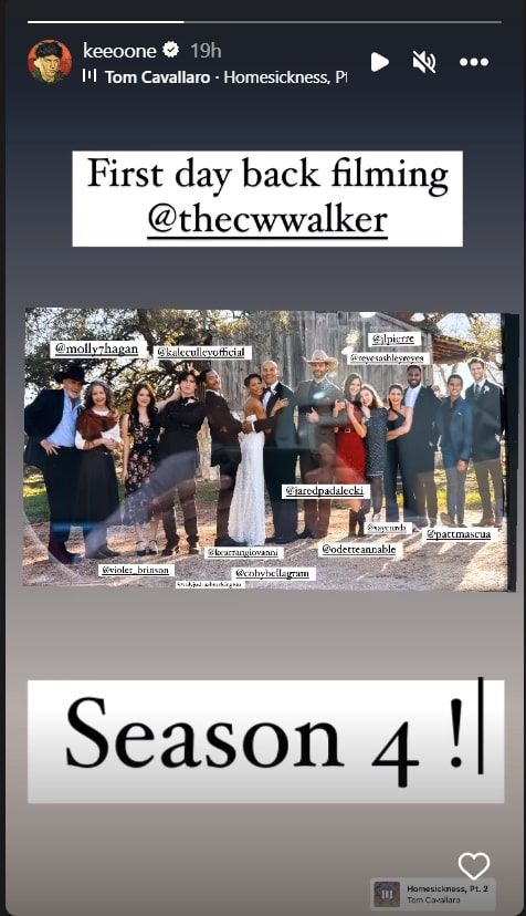 A screenshot of Keegan Allen’s Instagram story announcing that Walker season 4 has started filming accompanying an image of the show’s main cast members in a line.