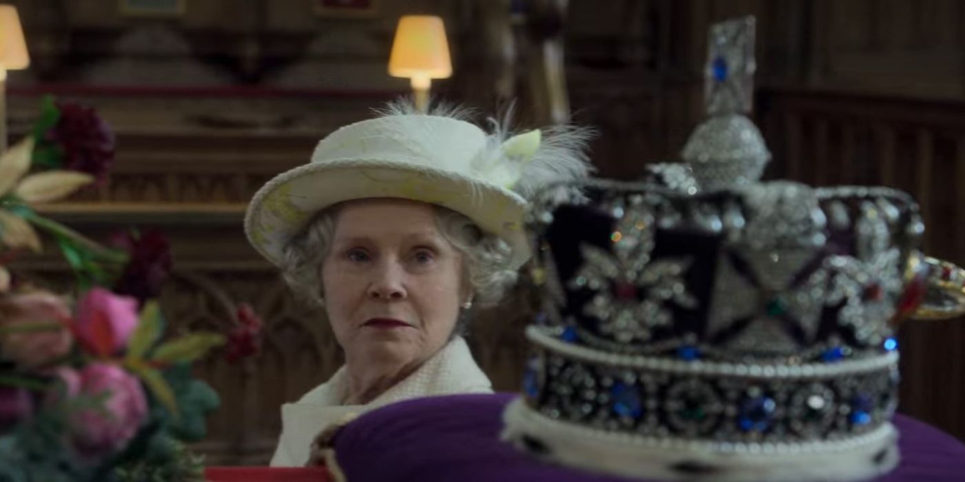 Imelda Staunton as Queen Elizabeth looks at the crown on her coffin in The Crown finale