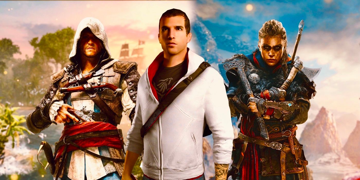 Assassin's Creed Valhalla and Black Flag protagonists with Desmond in the middle.