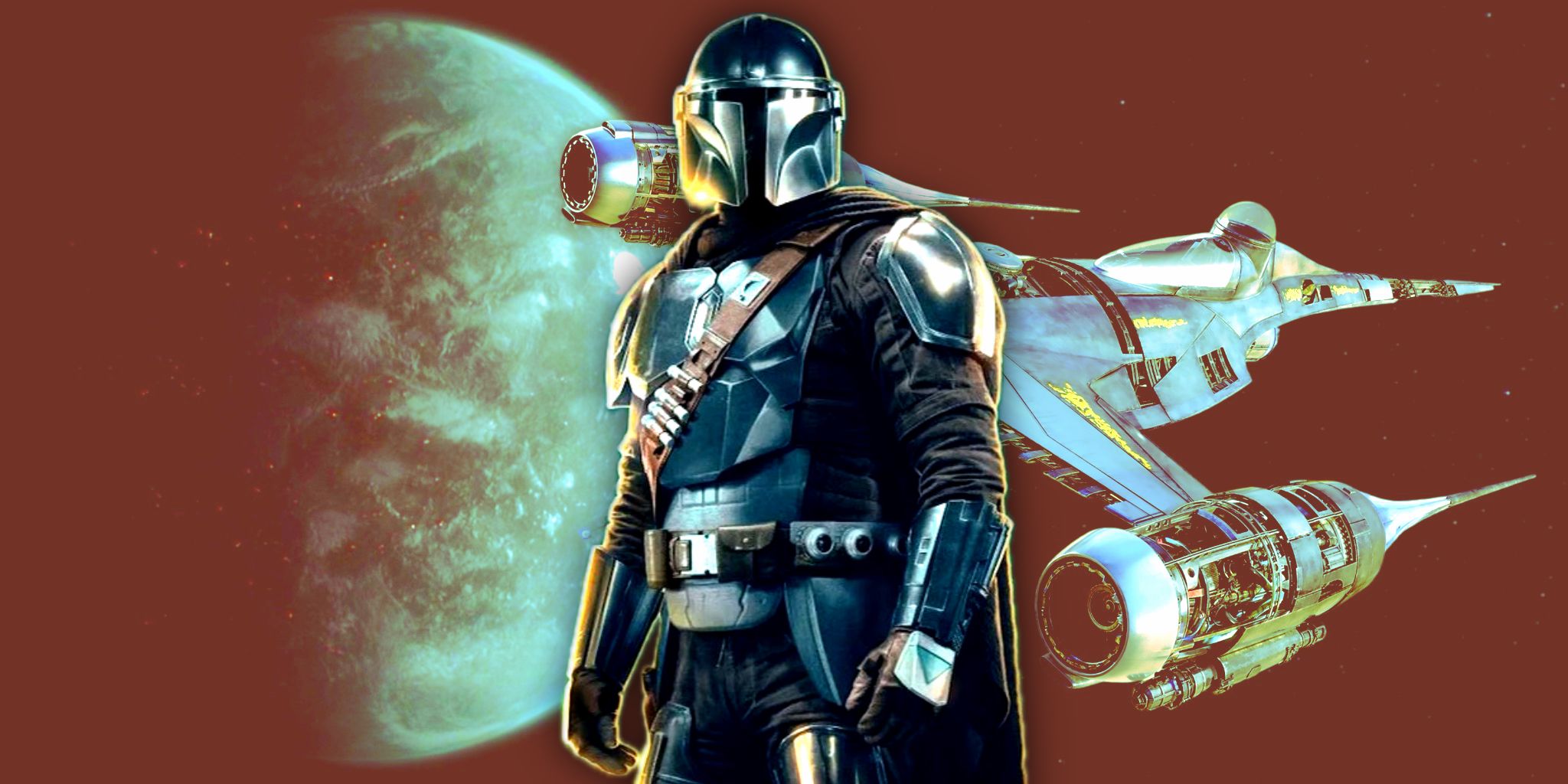 Din Djarin poses in The Mandalorian poster with the planet Nevarro and his N-1 Starfighter in the background