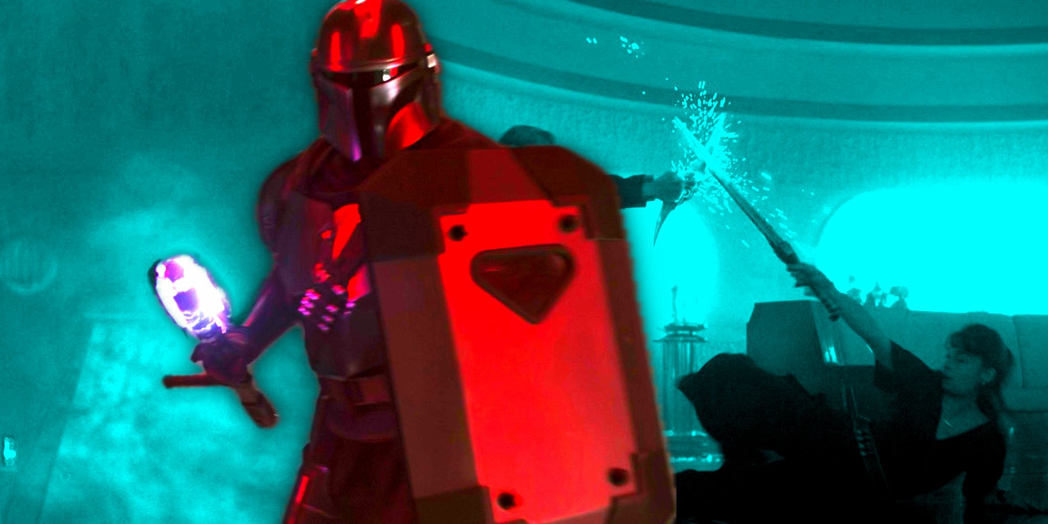 Din Djarin fighting in The Mandalorian season 3 superimposed over Qi’ra fighting in Solo: A Star Wars Story