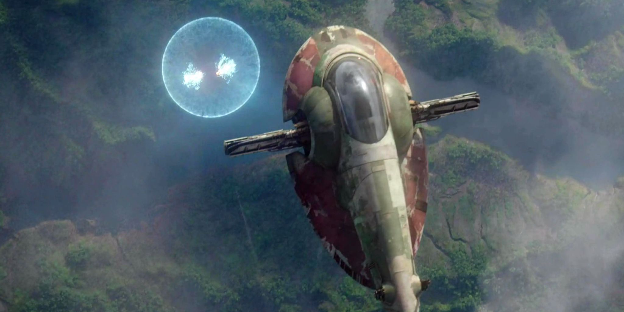 Boba Fett drops a seismic charge out of the Firespray gunship in The Mandalorian