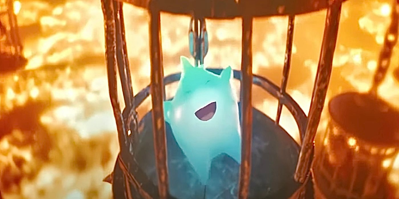 Lumalee smiling in its cage over lava in the Super Mario Bros Movie. 