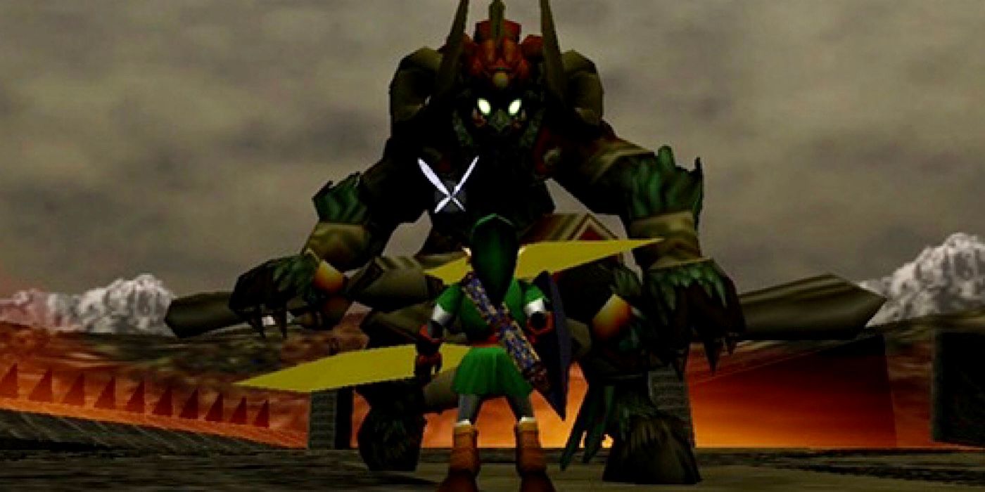 Link enfrenta Ganon na batalha final do chefe em The Legend of Zelda: Ocarina of Time. 