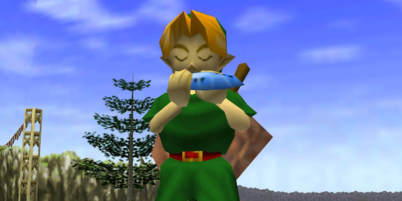 Link plays the ocarina in The Legend of Zelda Ocarina of Time.