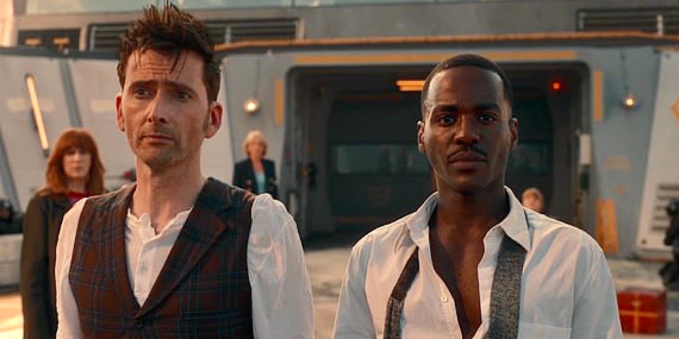 The Fourteenth and Fifteenth Doctor (David Tennant and Ncuti Gatwa) stand side by side in Doctor Who.