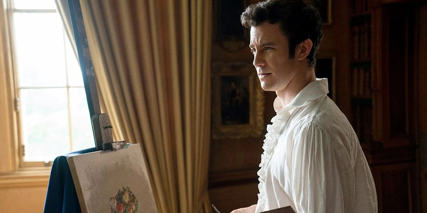 Benedict (Luke Thompson) stands in front of his easel looking off in Bridgerton. 