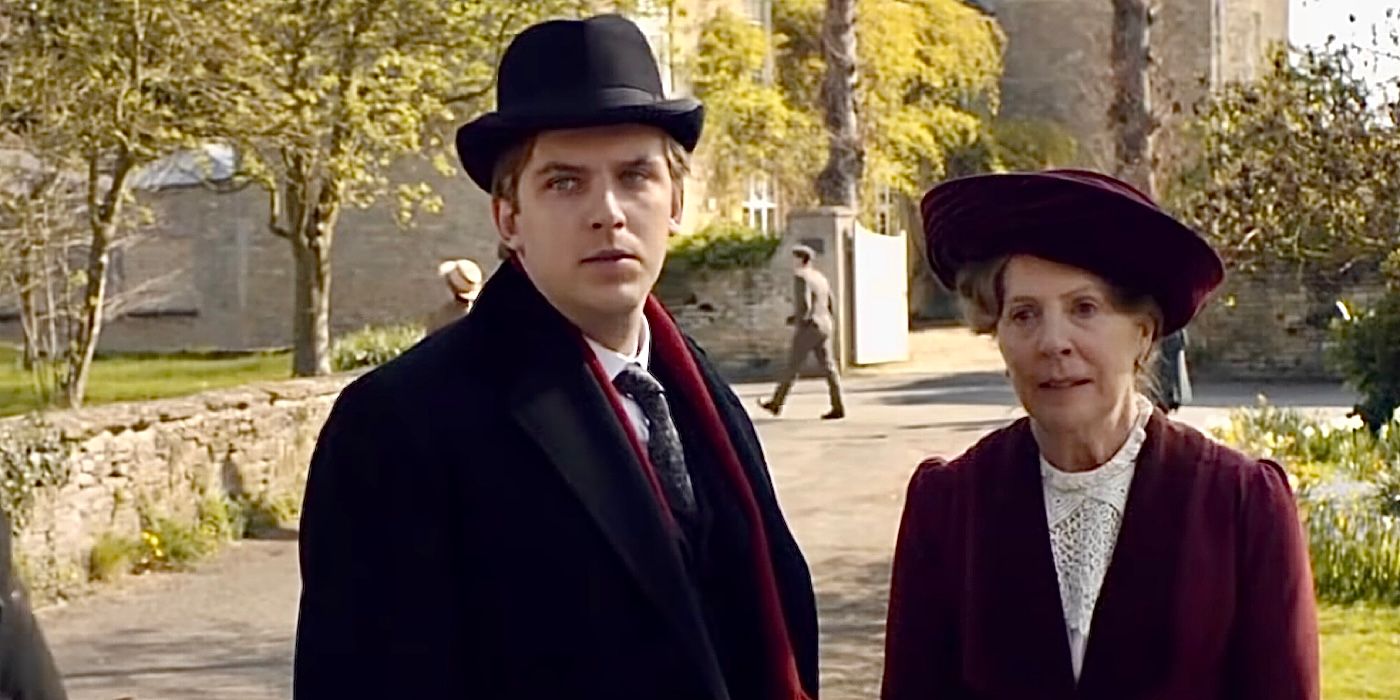 Isobel Grey and Matthew Crawley standing outside on Downton Abbey.