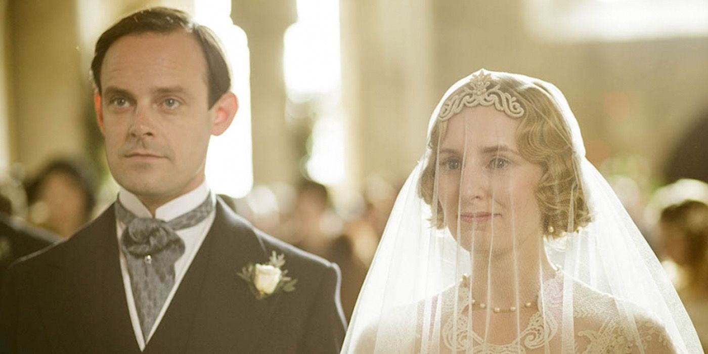 Edith and Bertie getting married on Downton Abbey.