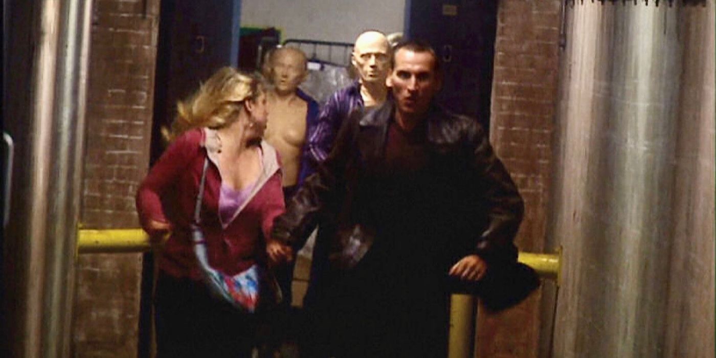 The Ninth Doctor and Rose running from the Autons in the Doctor Who episode Rose.