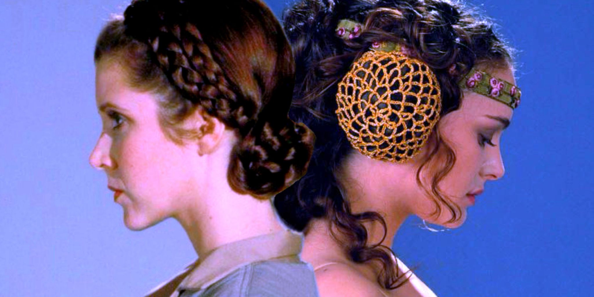 Carrie Fisher as Leia Organa and Natalie Portman as Padme Amidala in photo shoots for Star Wars