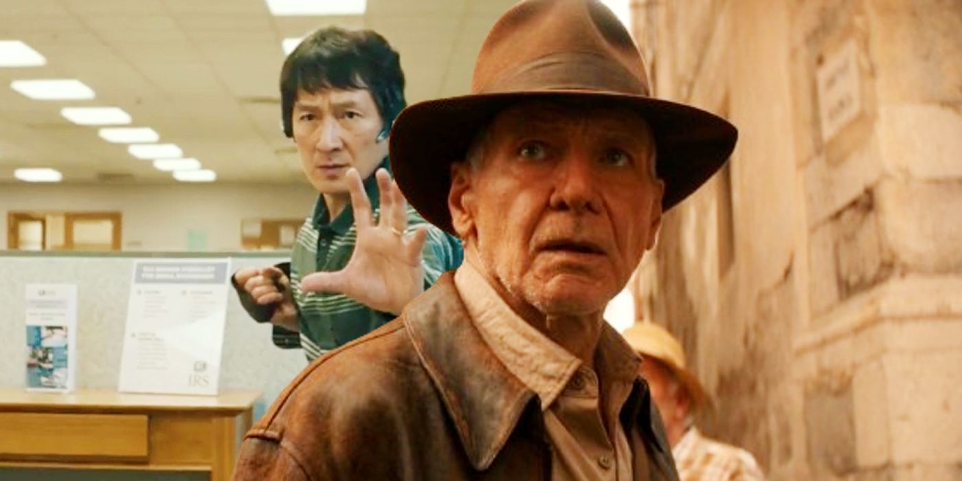 Indiana Jones (Harrison Ford) looking over his shoulder in Indiana Jones and the Dial of Destiny at Waymond (Ke Huy Quan) in Everything Everywhere All At Once.
