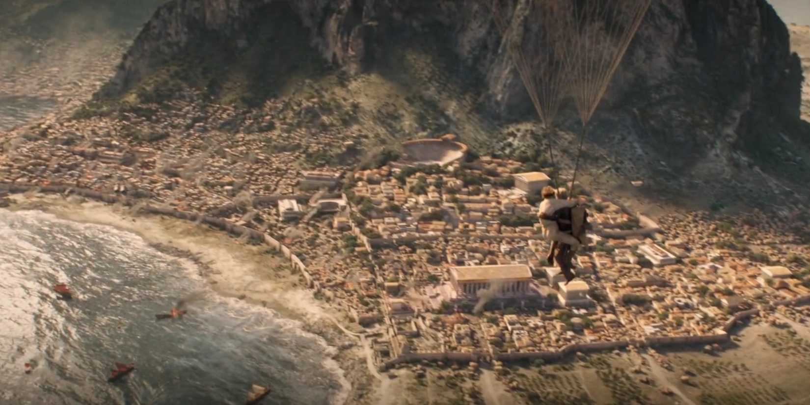 Indy (Harrison Ford) parachutes down to Syracuse in Indiana Jones and the Dial of Destiny