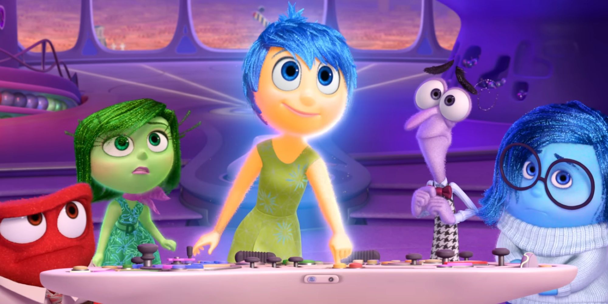 Original emotions (Anger, Disgust, Joy, Fear, and Sadness) at the console in Inside Out 2 