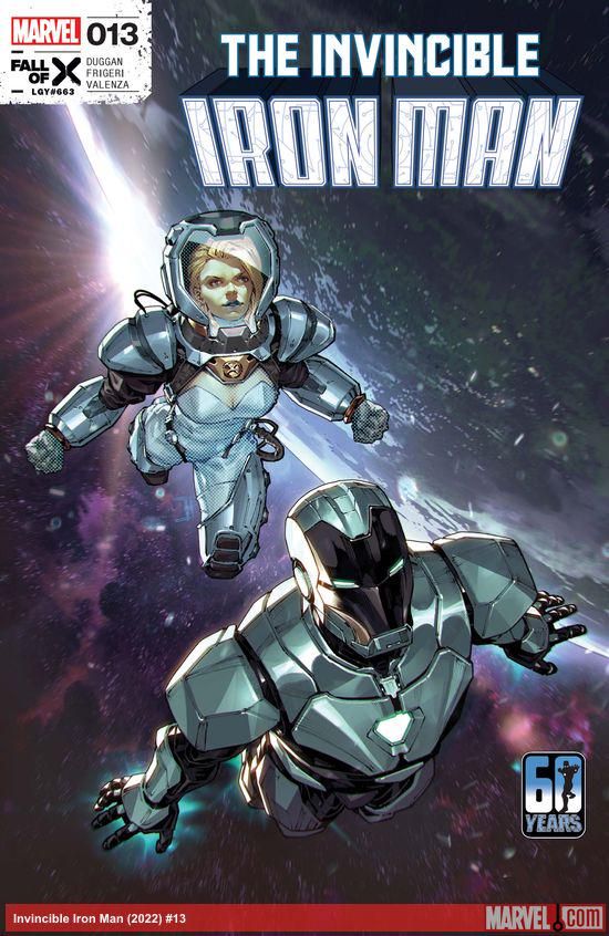 Iron Man and Emma Frost float through planetary orbit wearing space suits.