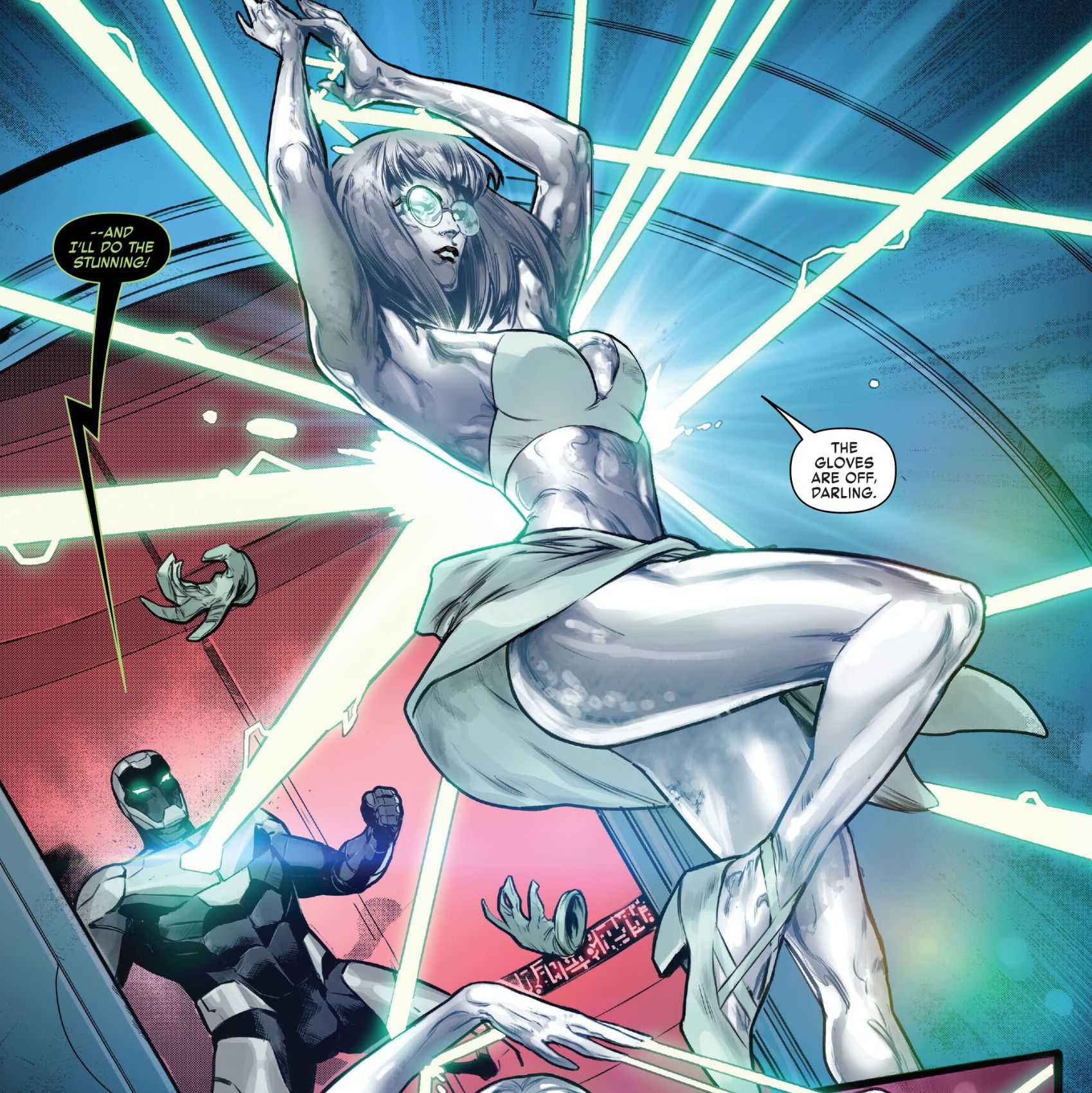 Iron Man blasts Diamond Emma Frost directly with a Uni-Beam, which she refracts through her entire body.