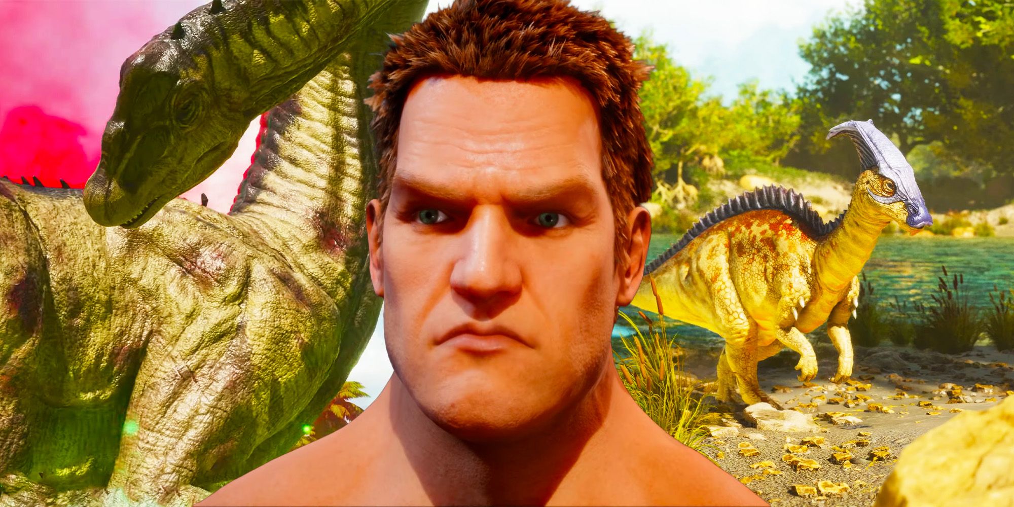 A player character from Ark: Survival Ascended looks deep in thought, surrounded by dinosaurs. 