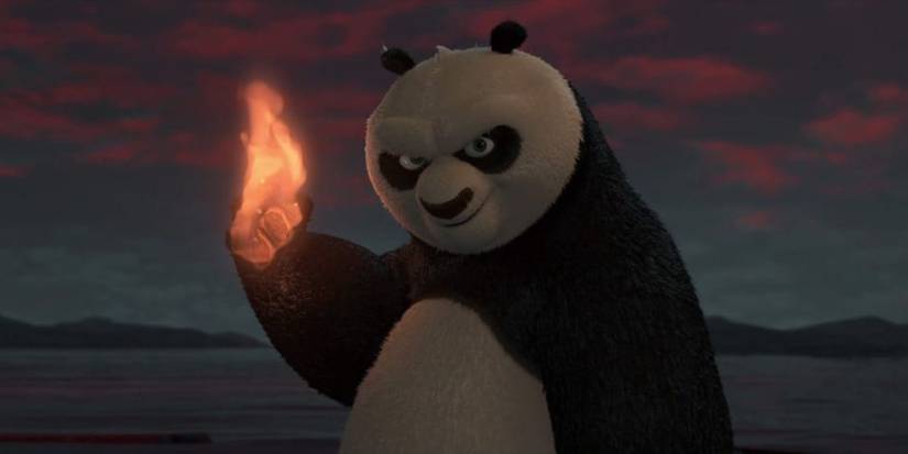 Jack Black as Po wields fire in Kung Fu Panda 2.
