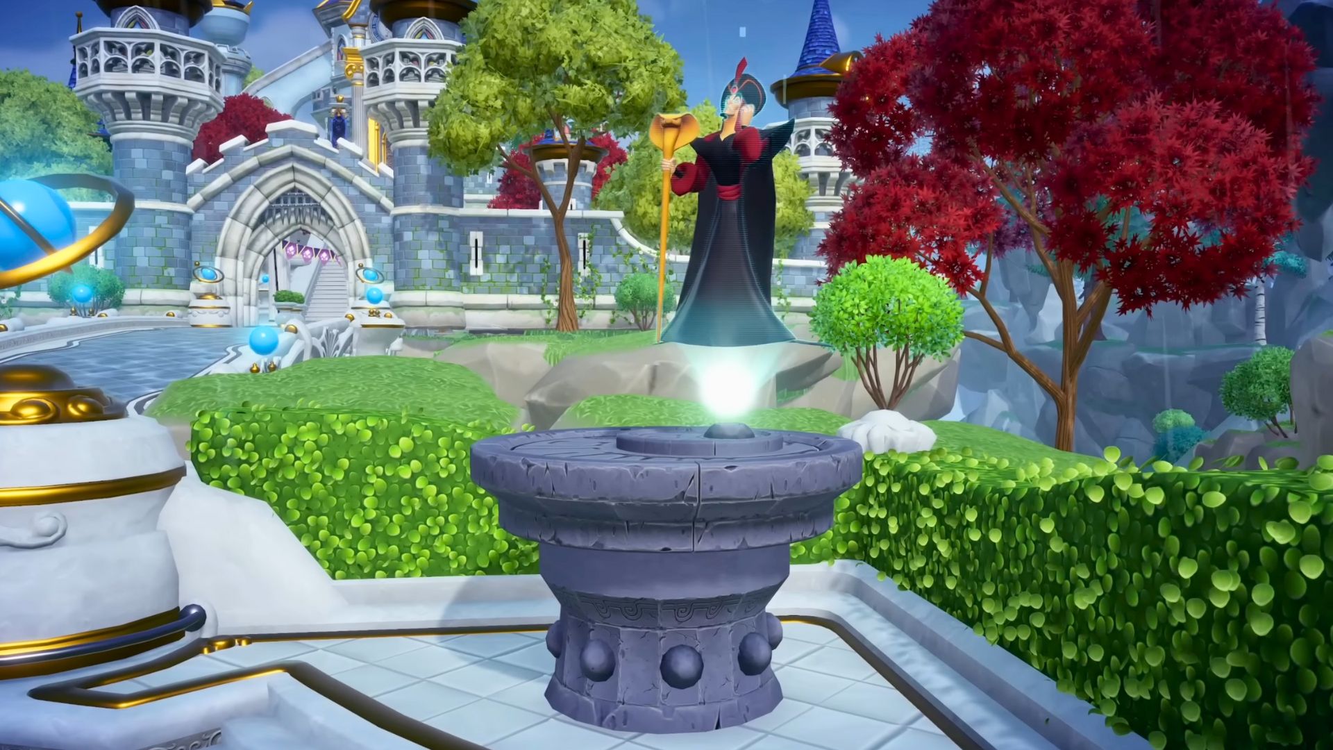 Jafar hologram on a pedestal in Disney Dreamlight Valley