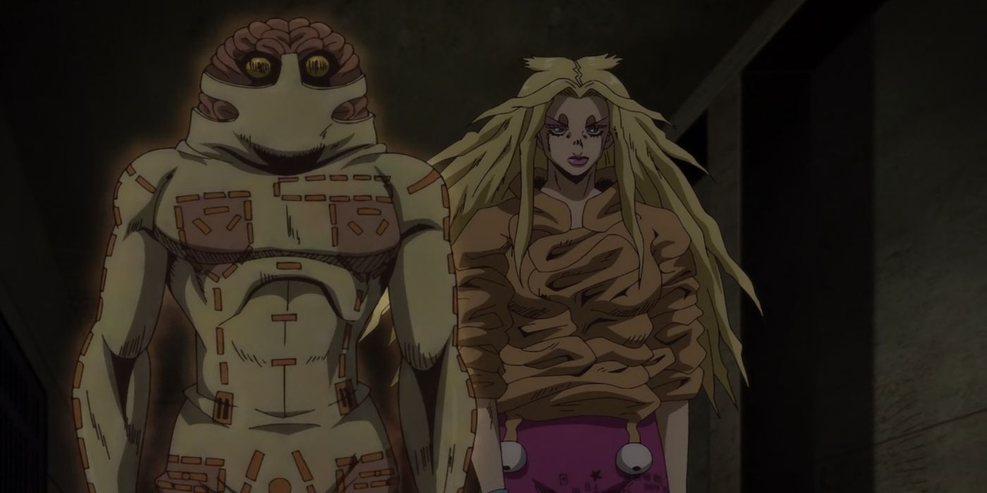 A woman with bushy blonde hair walks beside a yellow creature in the dark.