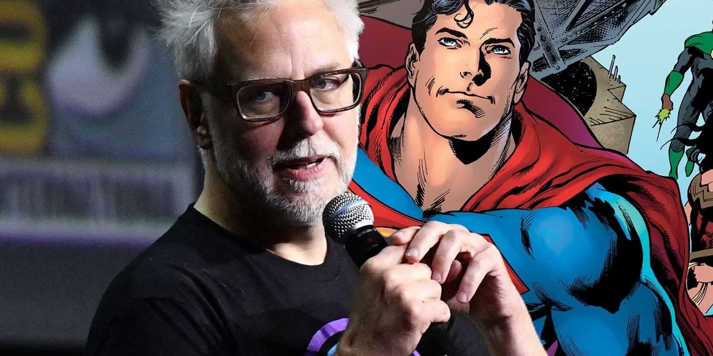 Gambar terpisah dari James Gunn yang berbicara di mikrofon dan Superman dari komik yang terbang