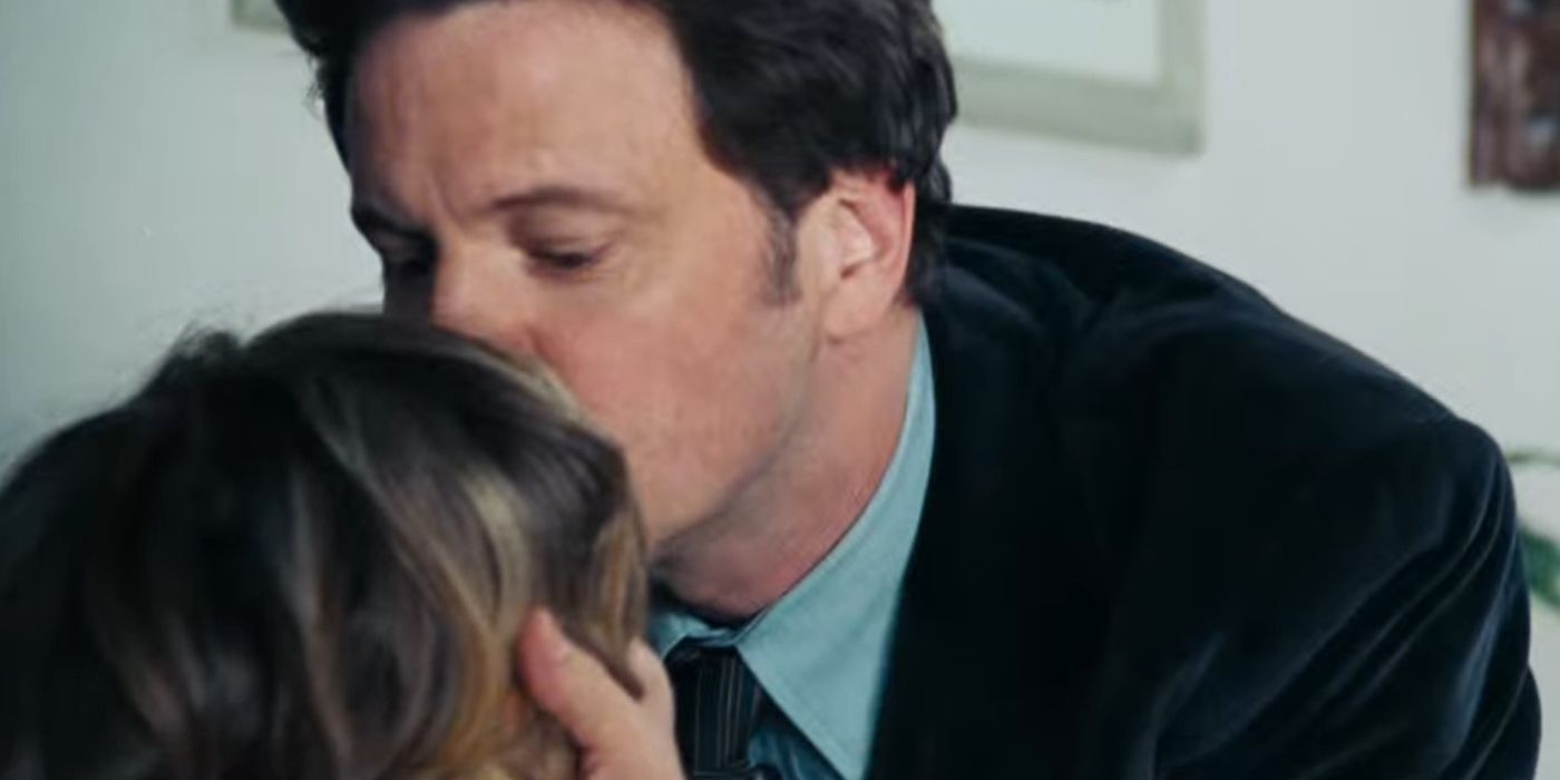 Jamie (Colin Firth) kisses his girlfriend (Sienna Guillory) on the forehead in Love Actually