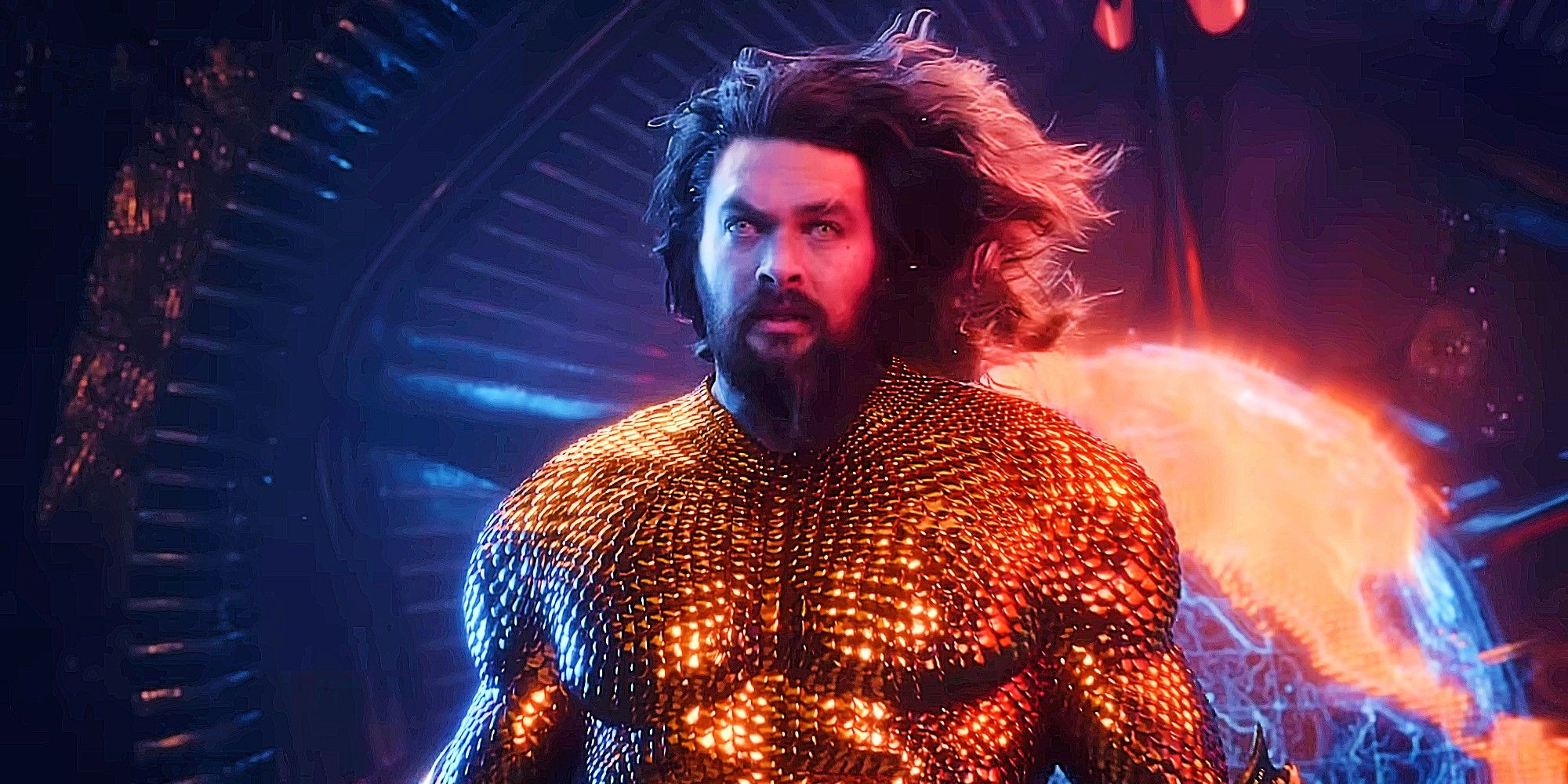 Jason Momoa as Aquaman Floating Underwater Looking Past The Camera In Aquaman and the Lost Kingdom