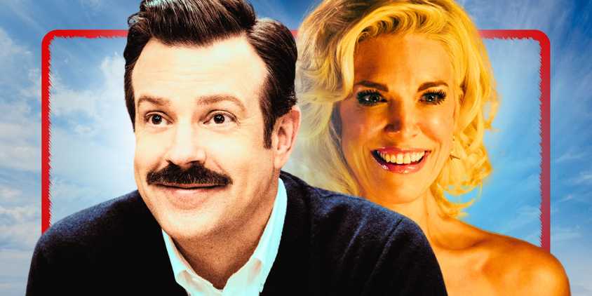 Jason Sudeikis as Ted Lasso and Hannah Waddingham as Rebecca
