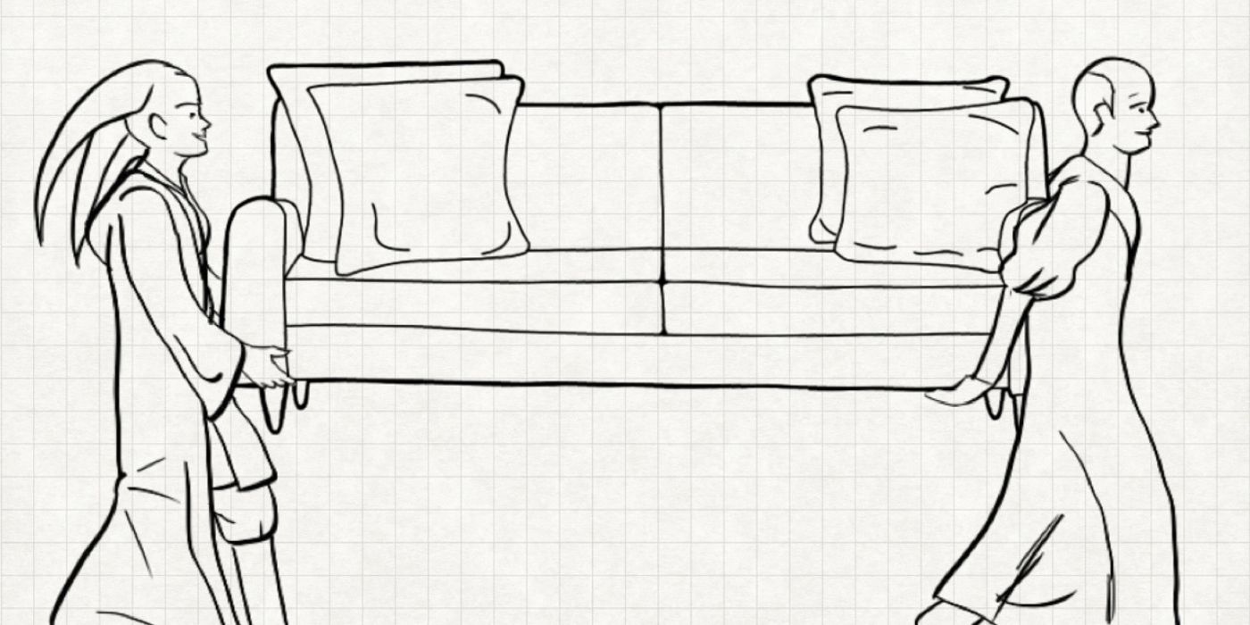 An illustration of a Jedi carrying the back of a couch and a Senate member carrying the front