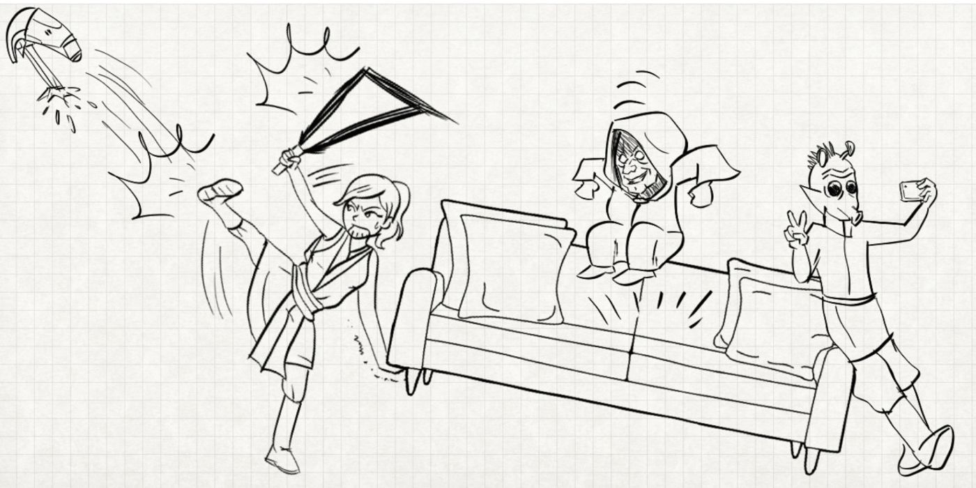 An illustration of a Jedi fighting off a droid and holding a couch with one hand while Palpatine jumps on the couch and the Senate member sits idly by